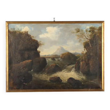 Old painting of a landscape with a river, oil on canvas, 19th century.