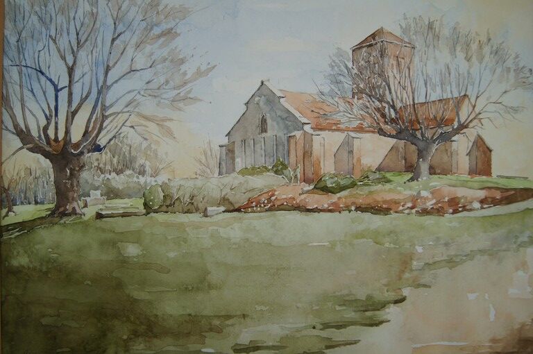 Church in the countryside - Watercolor signed