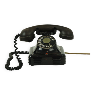 Ancien téléphone à plateau tournant en bakélite et cloche métallique Compagnie de téléphone Belgique 1939