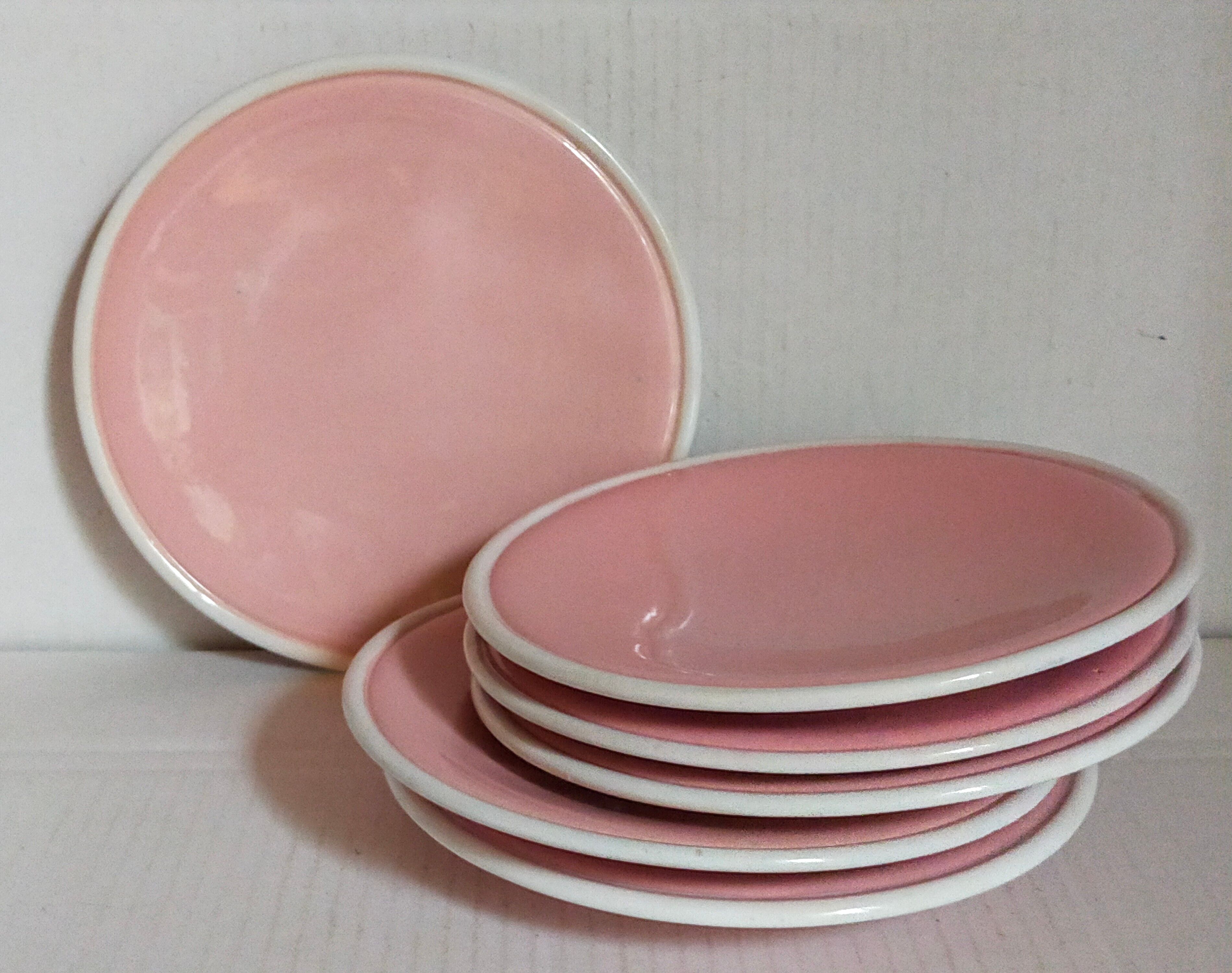 Six old pink earthenware dessert plates