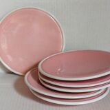 Six old pink earthenware dessert plates