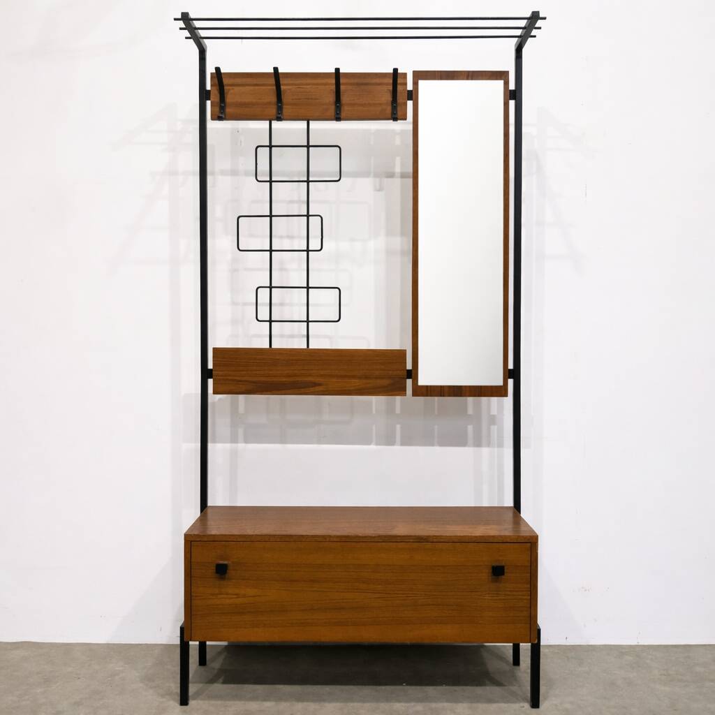 Mid-century coat rack, chest, and mirror.
