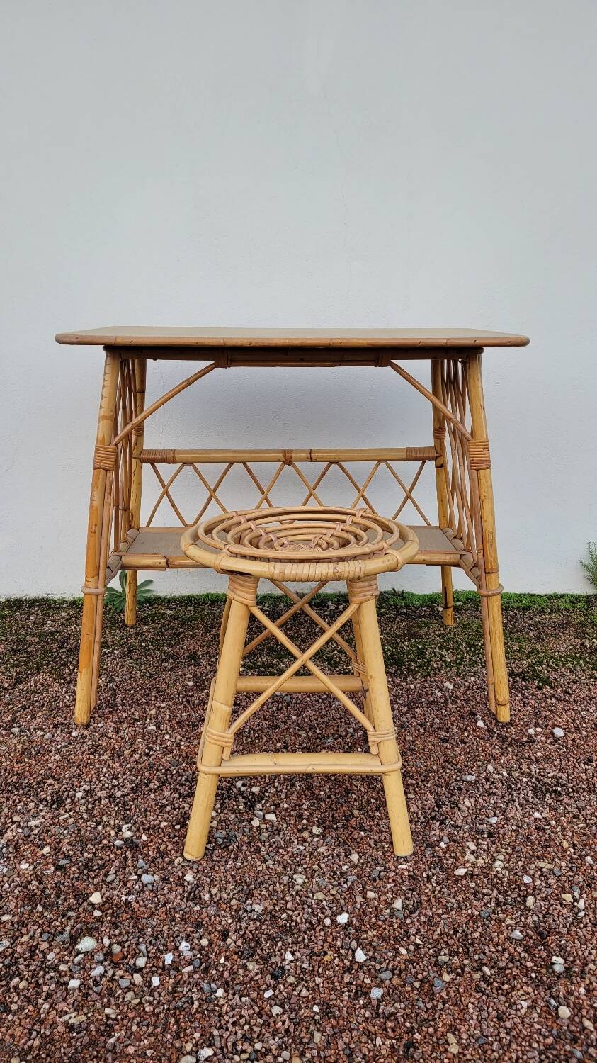 Bureau en rotin avec tabouret vintage- 1950s