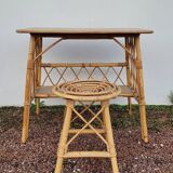 Rattan desk with vintage stool - 1950s