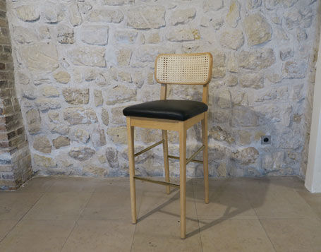 Tabouret haut cannage bois clair cuir
