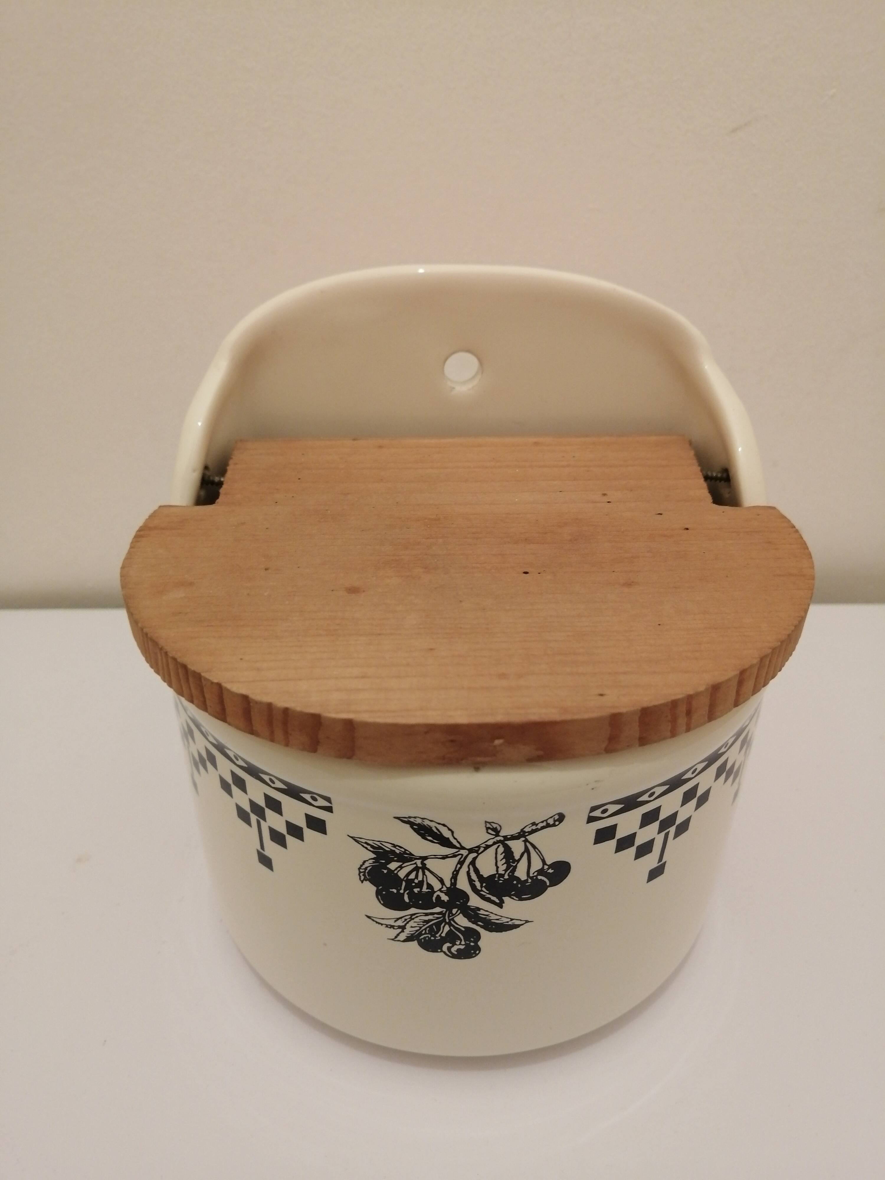 Vintage ceramic and wood salt box