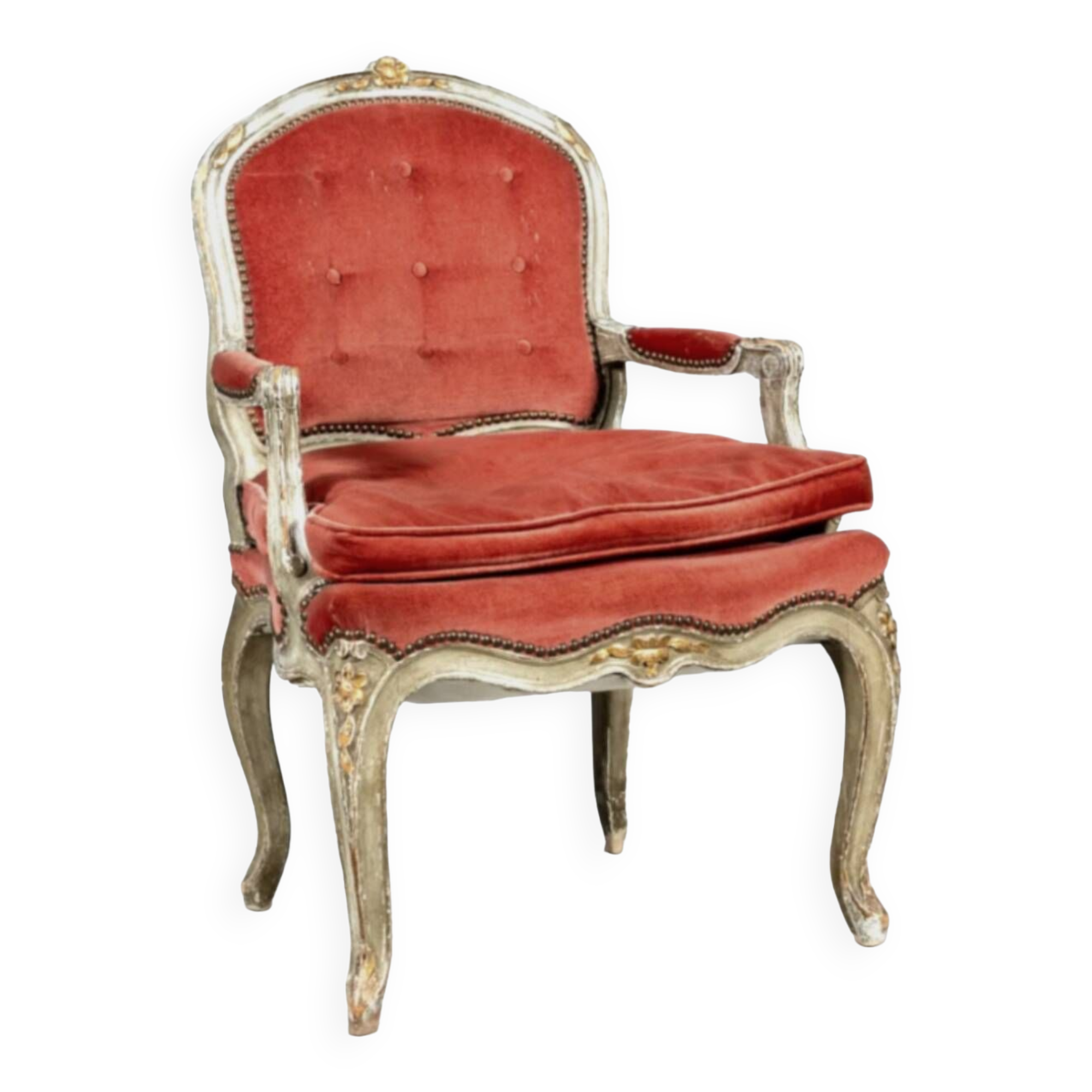 Louis XV style armchair in molded and carved wood with gray and gold patina