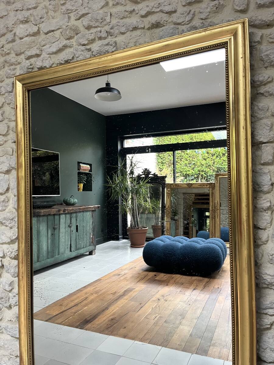 Pearled fireplace mirror 162.5/107.5cm gilded with gold leaf, fireplace trumeau, mirror.