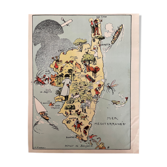 Affiche ancienne carte illustrée de la Corse - JP Pinchon