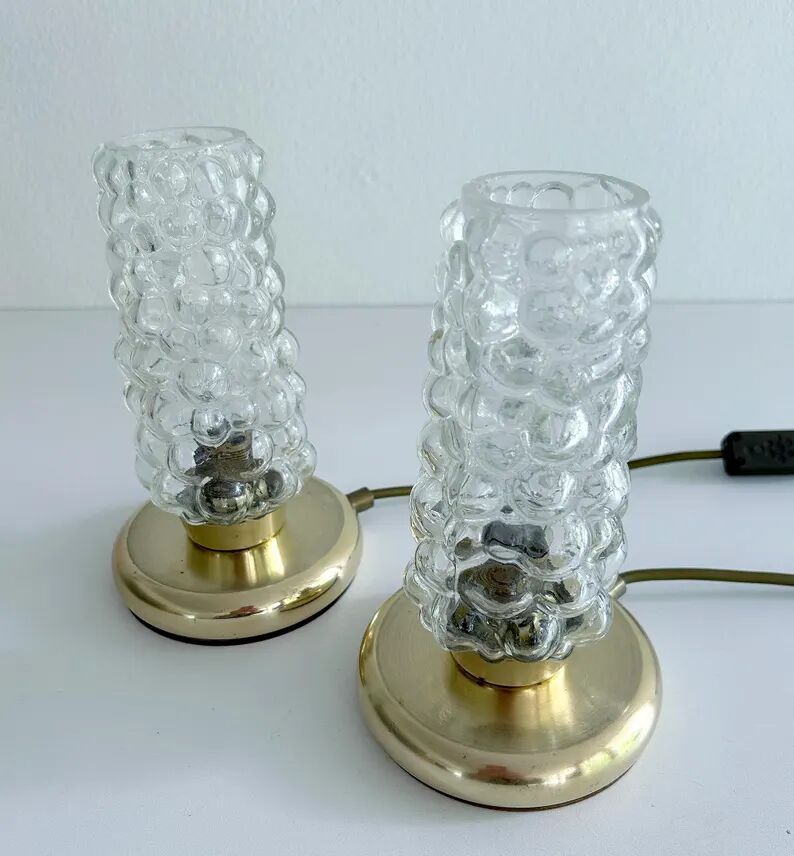 Pair Vintage Bubble Glass Table Lamps, Bedside, Brass