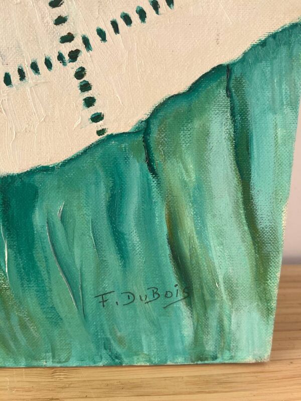 Nature morte, carafe et verres, huile sur carton signé Francine Dubois