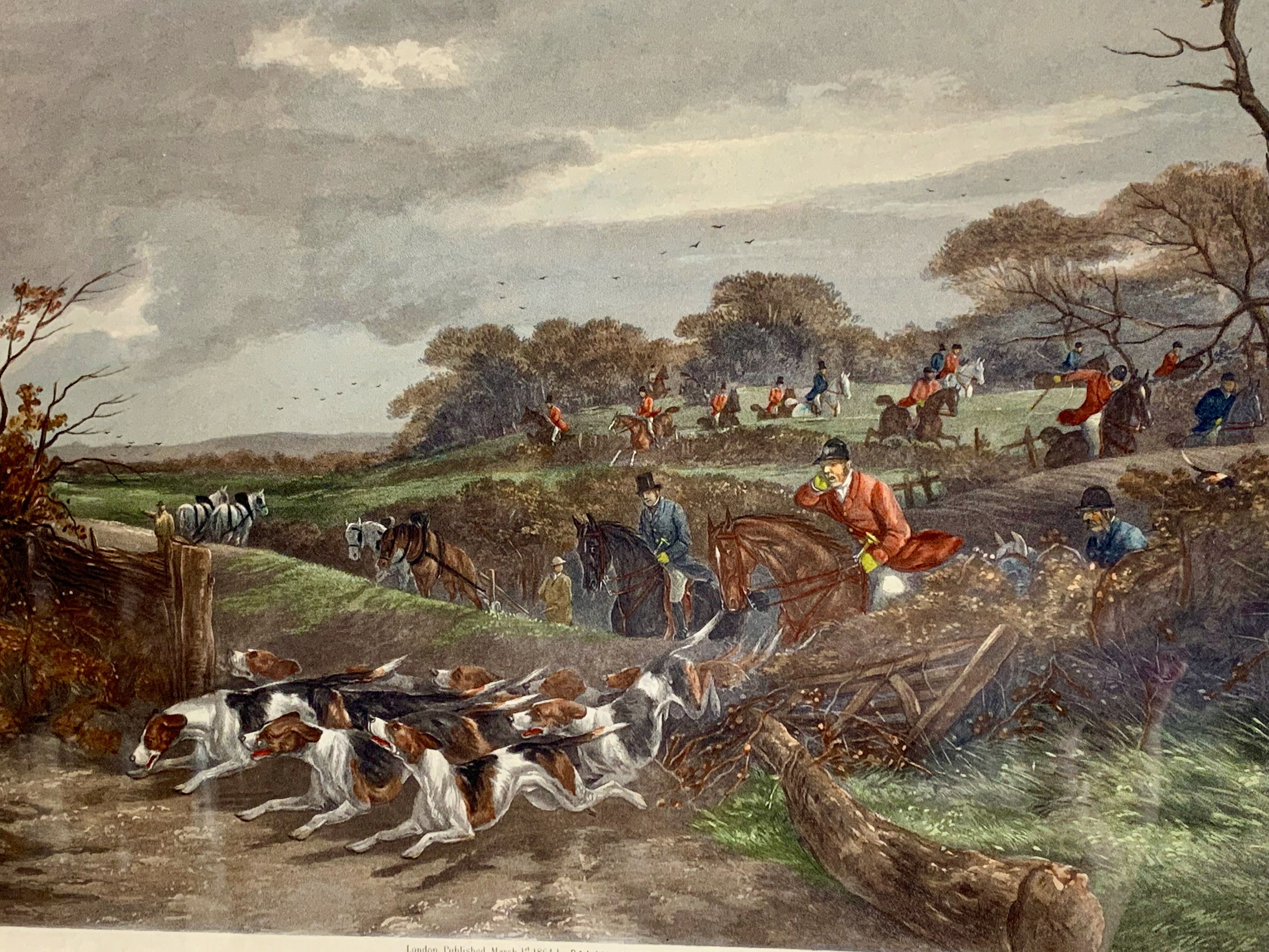 English engraving of hunting hound and hunting dog