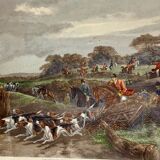 English engraving of hunting hound and hunting dog