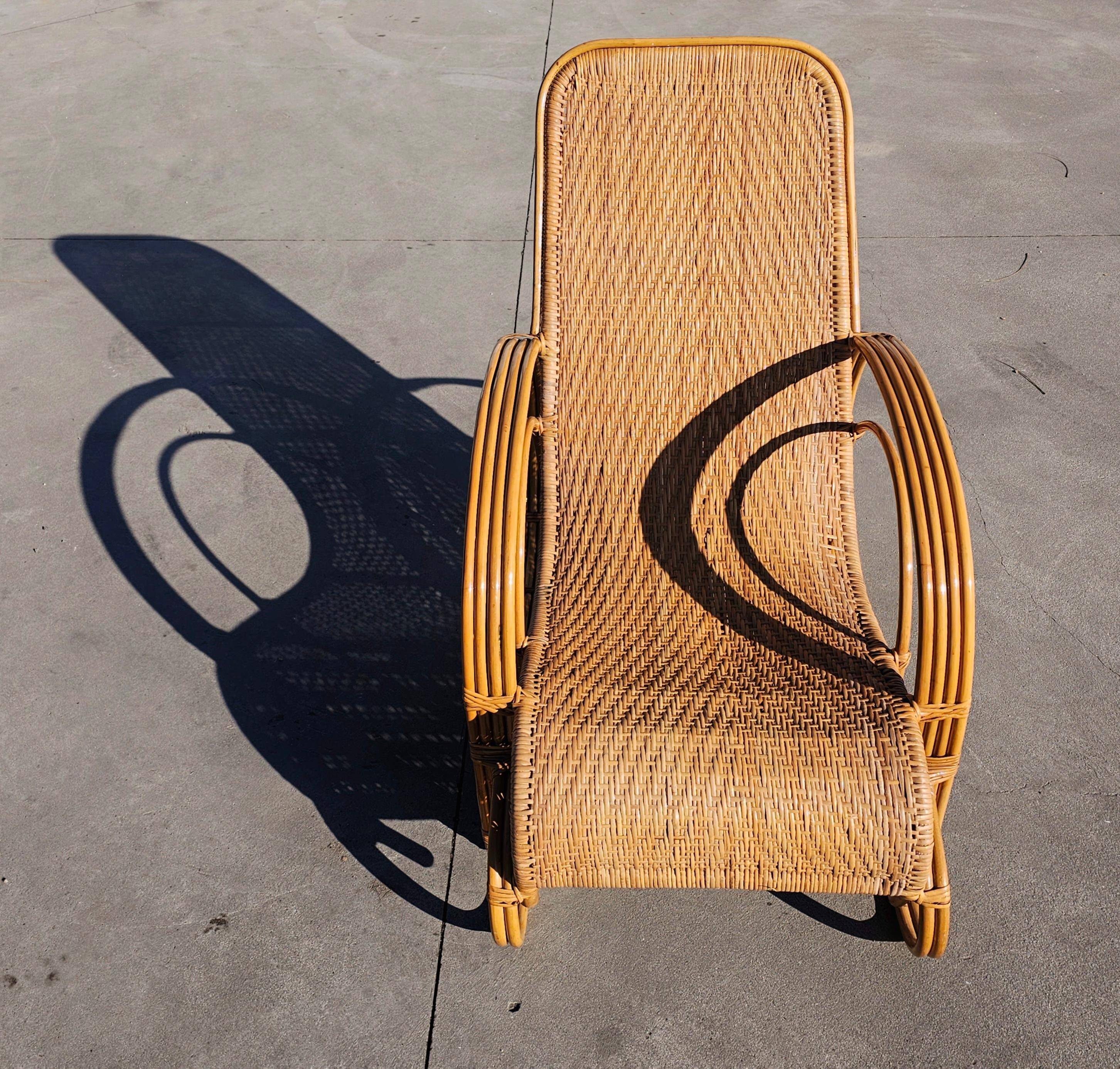 Paire de chaises longues XXL Mid Century Modern en bambou et rotin