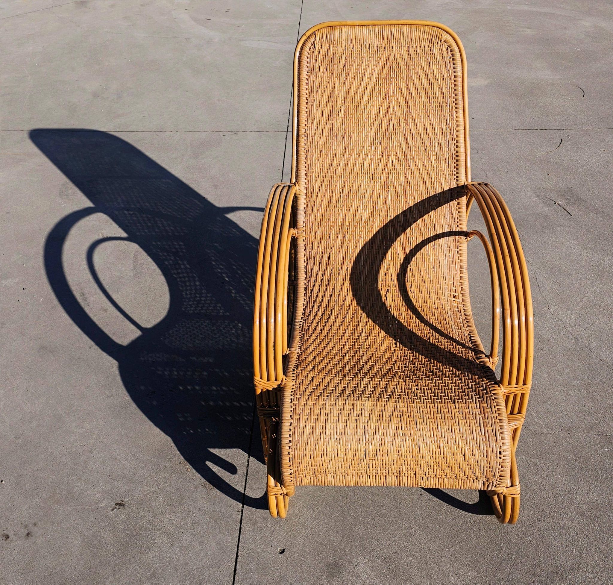 XXL Mid Century Modern pair of bamboo and rattan sun loungers