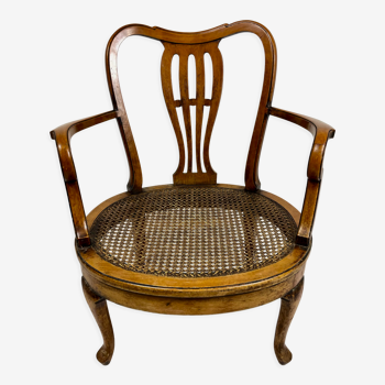 English openwork wood low armchair in assisi can, 19th century