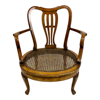 English openwork wood low armchair in assisi can, 19th century