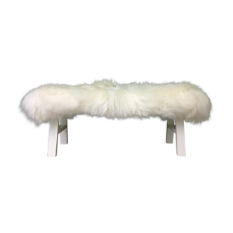 Banc de chevet ou ottoman en peau de mouton véritable blanche