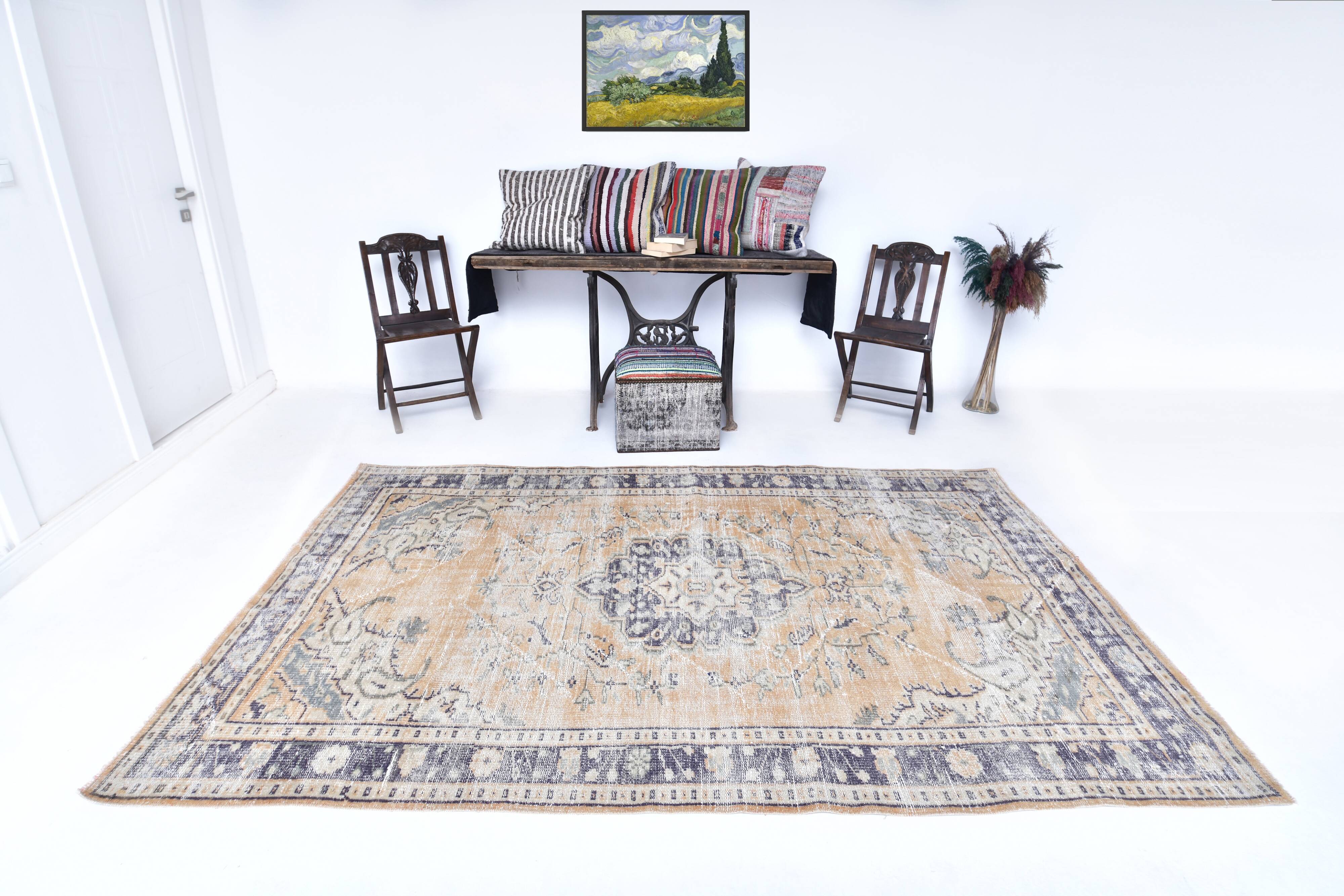 Tapis vintage en laine 270 x 165 cm, beige bleu, tapis turc vintage en laine