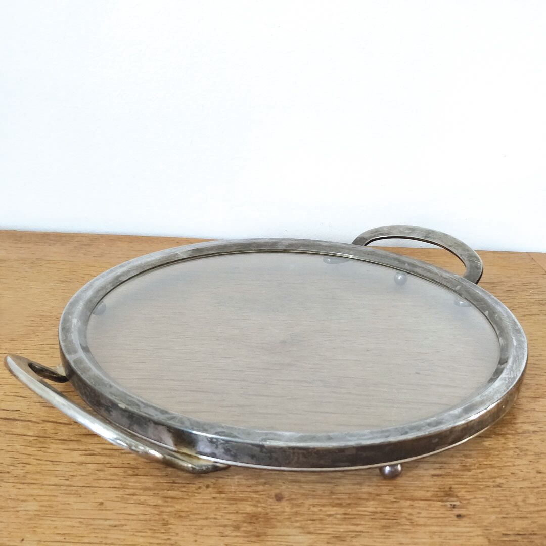 Plateau apéritif vintage en verre et métal