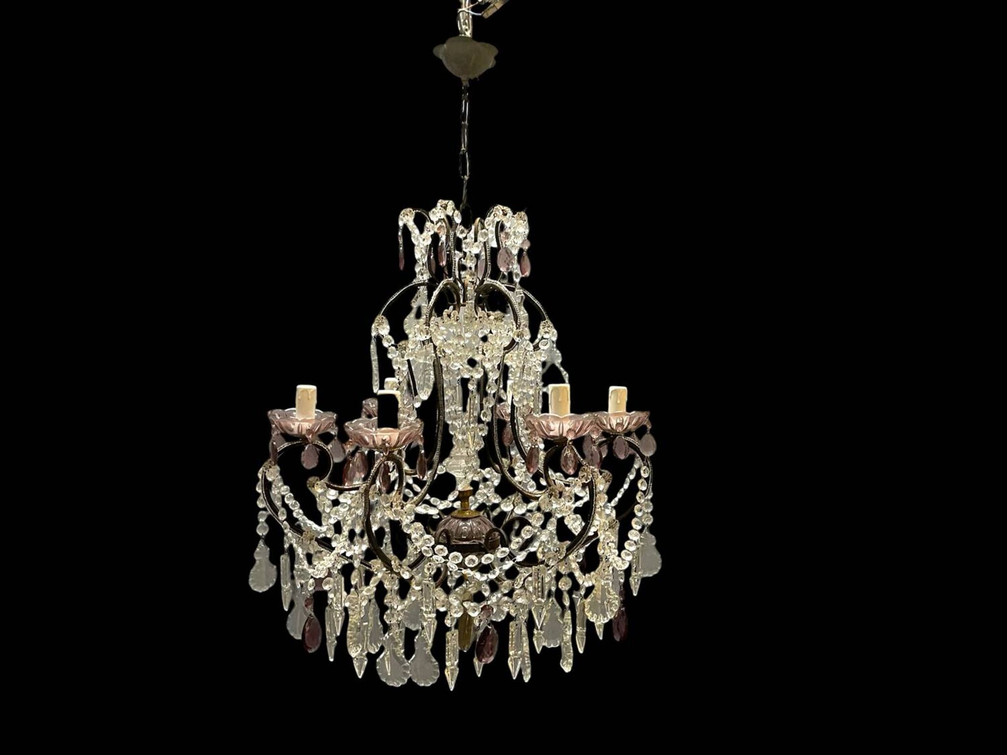 Vintage Italian Crystal Beaded Chandelier with Lilac Glass Bobeches, 1