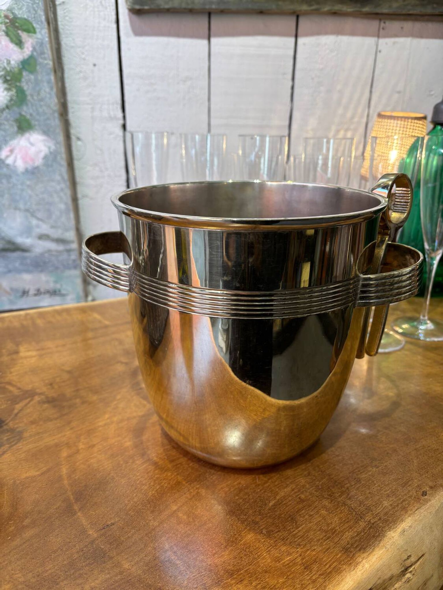 Alpaca champagne bucket from the 1920s with its monopole tongs.