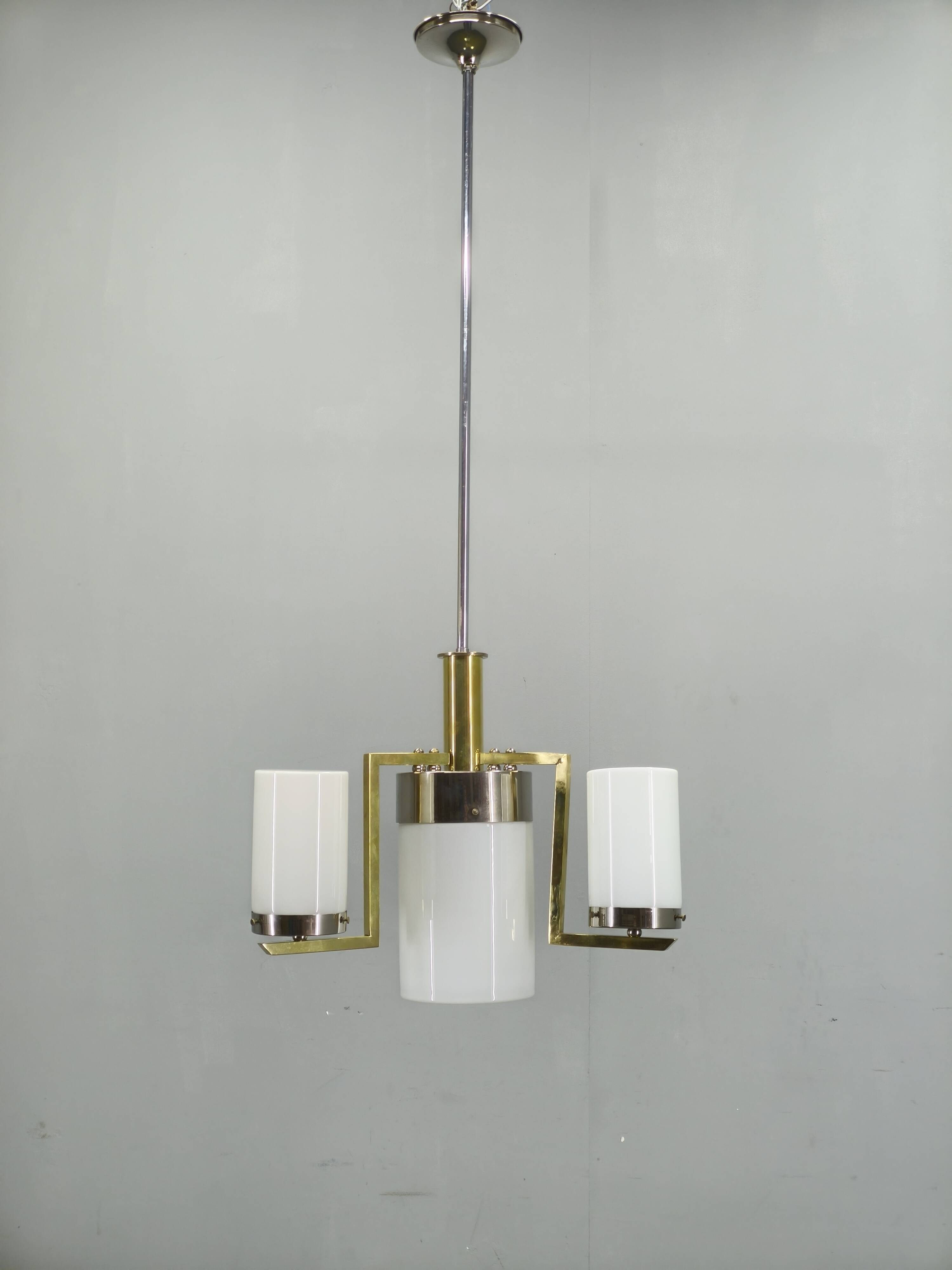 Czechoslovak Art Deco Chandelier in Brass and Chrome with Opaline Glass, 1930s