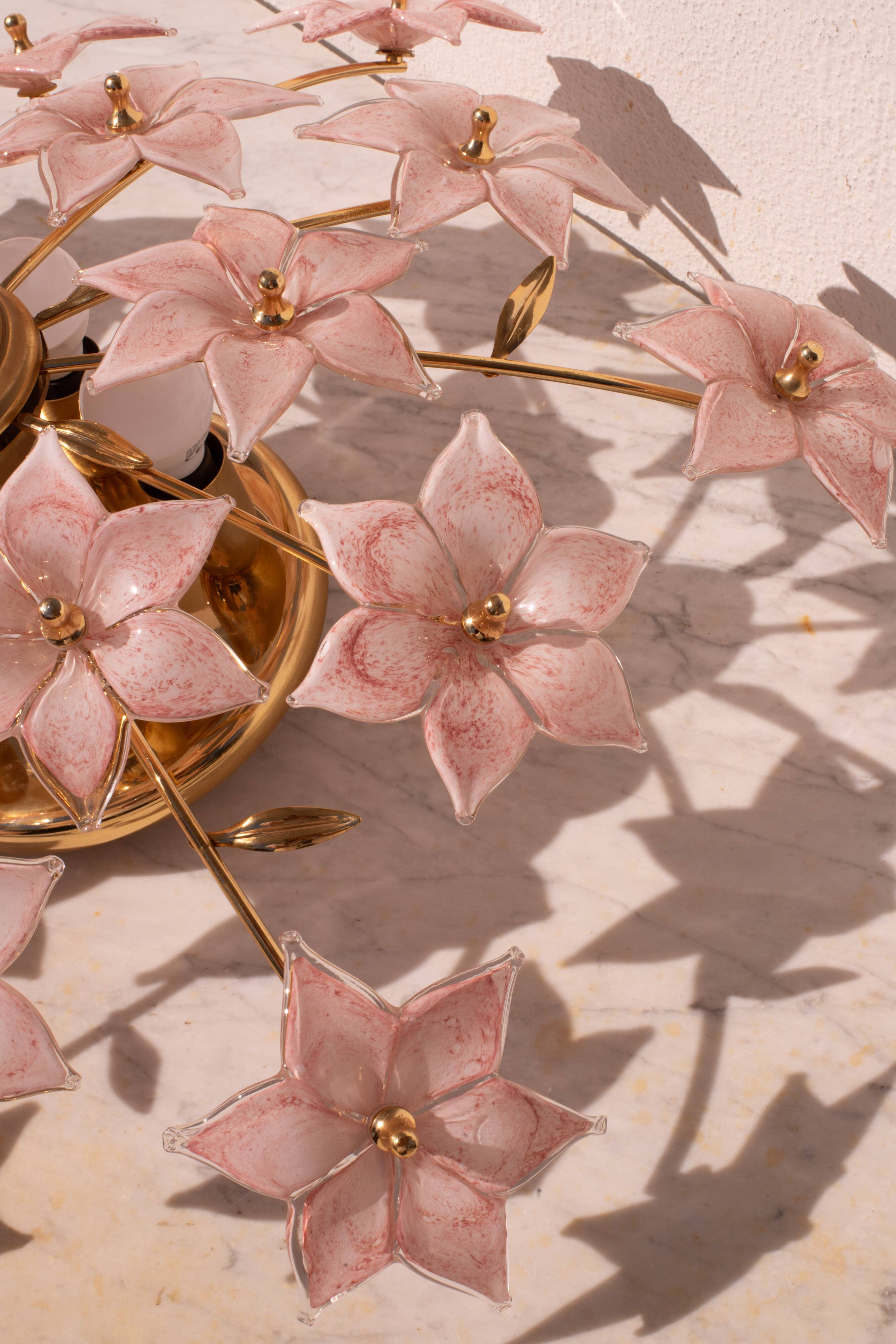 Murano vintage ceiling light pink flowers, 1970s