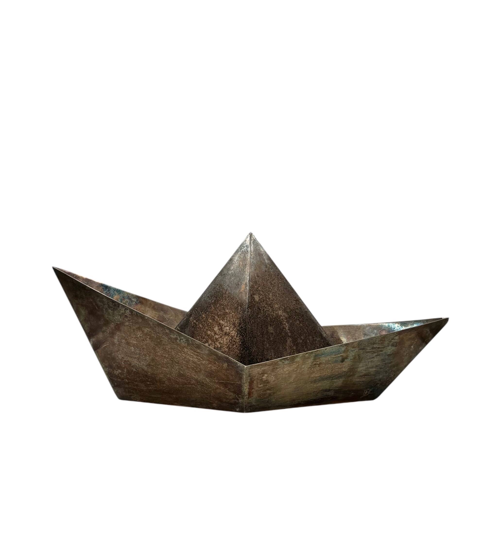 Modern silver-plated paper boat sculpture, Paola C. Aldo Cibic Italy 1980