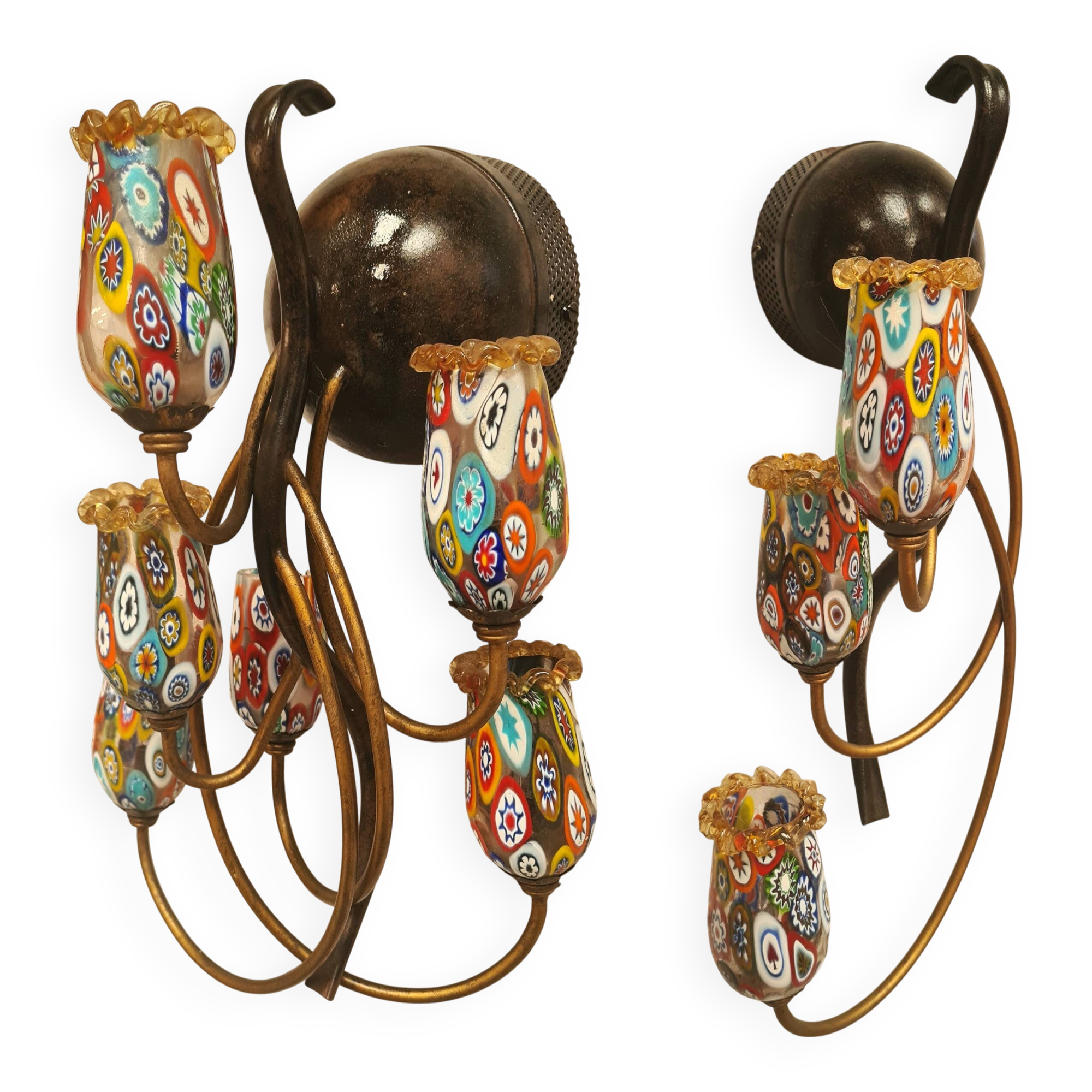 2 murano millefiori glass wall lights 40x25 1970 to 80s