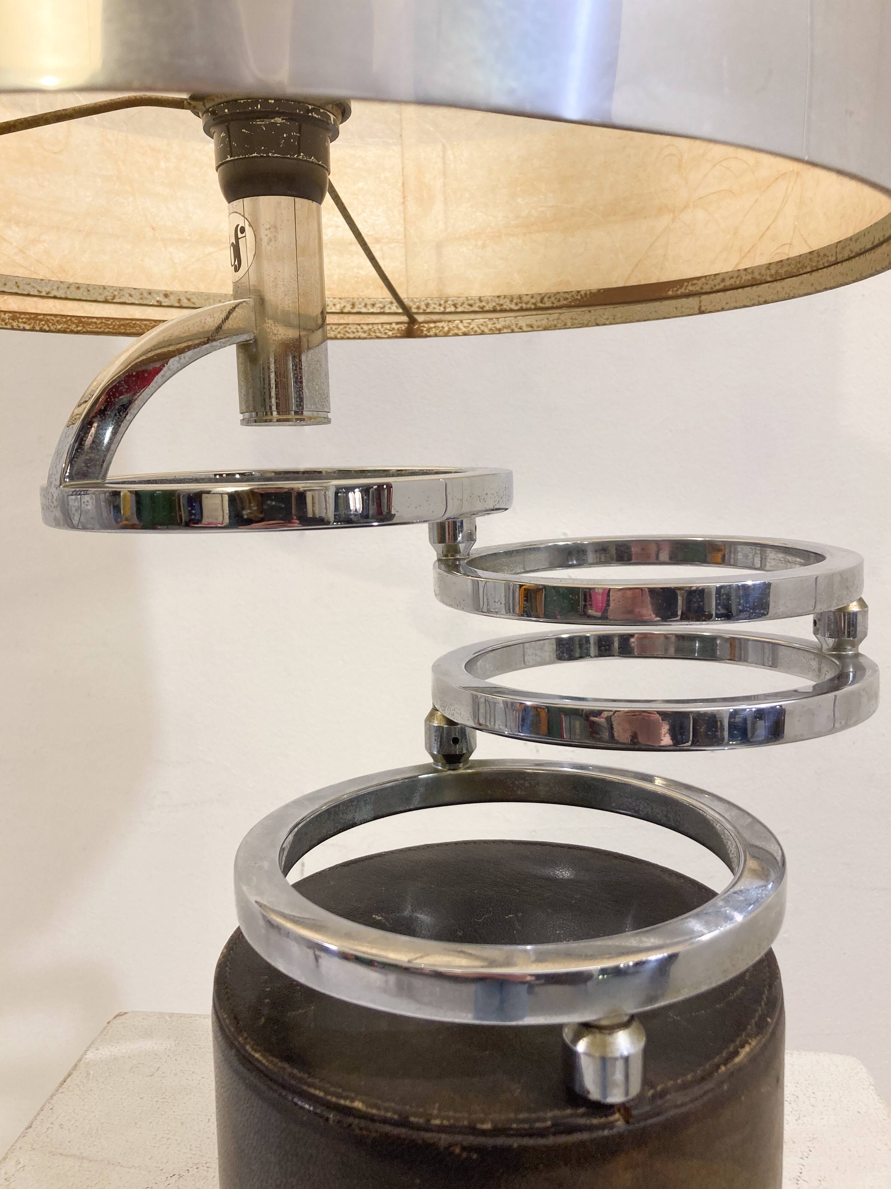 Table lamp in metal and leather, mid-20th century