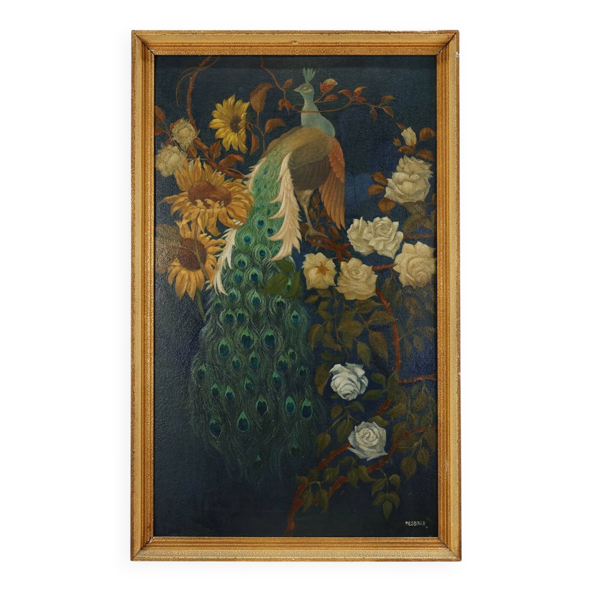 Signed Hollywood Regency style Painting of a Peacock with Roses, Belgium