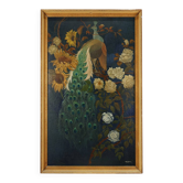 Peinture signée de style Hollywood Regency d'un paon avec des roses, Belgique