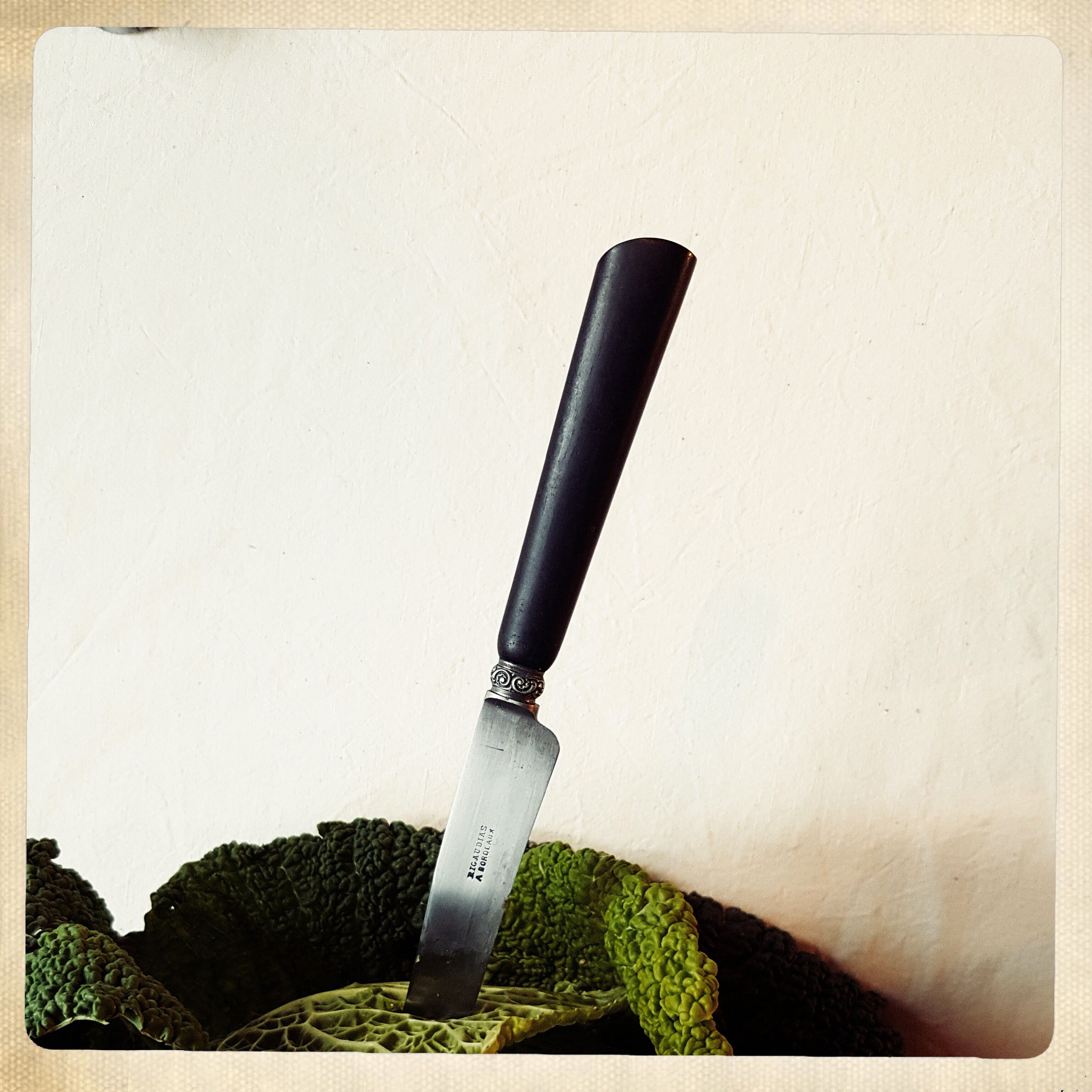 Twelve blackened wooden handle knives