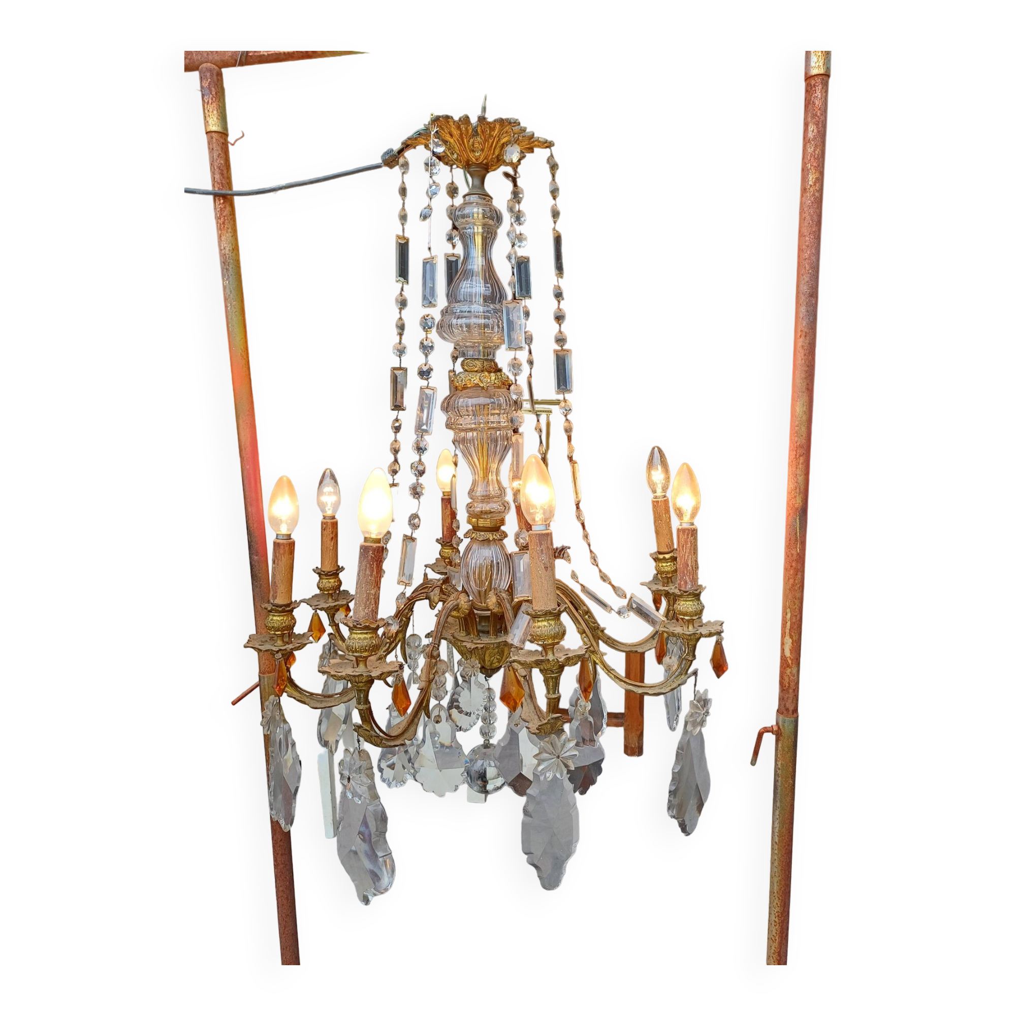 19th Bronze and Crystal Chandelier