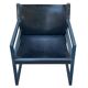 Postmodern lounge chair in black saddle leather and midnight blue wood, 1980.