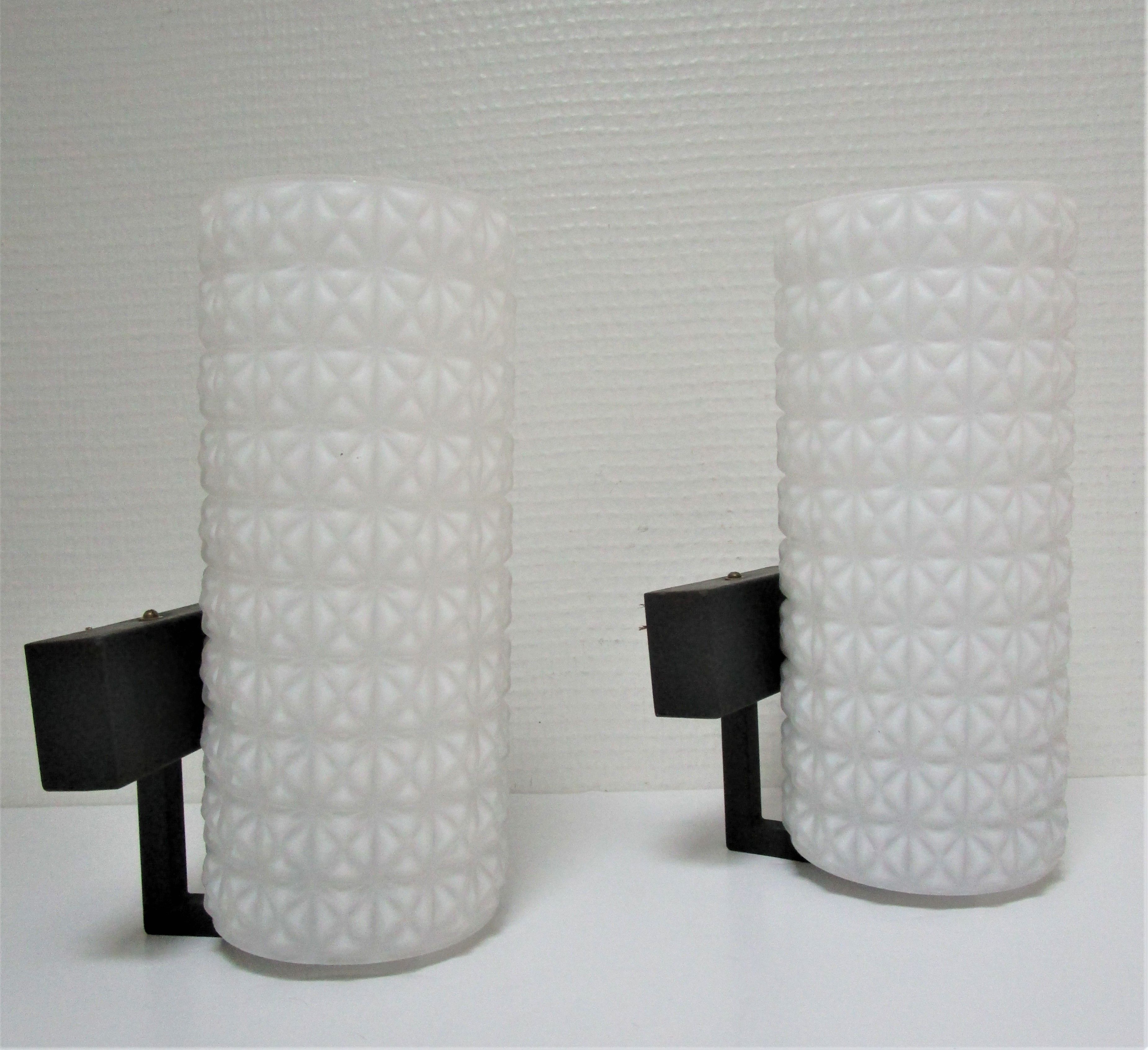 Pair of opaline wall lamps cylinder and metal years 50-60