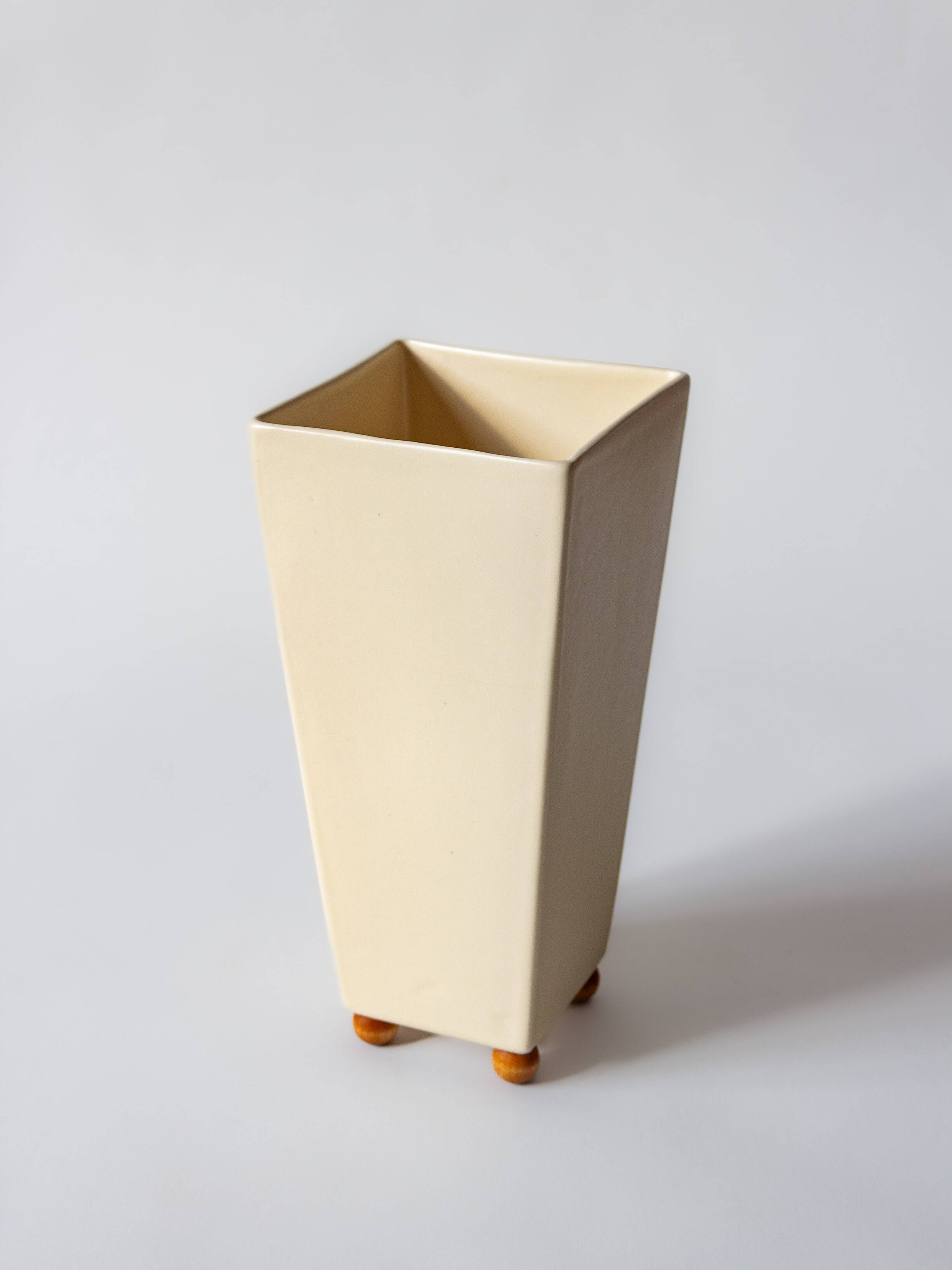 Ceramic cubic vase on wooden ball feet, Netherlands, 1990s