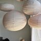 Large round pink Japanese-style suspension made of rattan and natural linen D60.