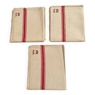3 tea towels. metis red stripes. old 88x74
