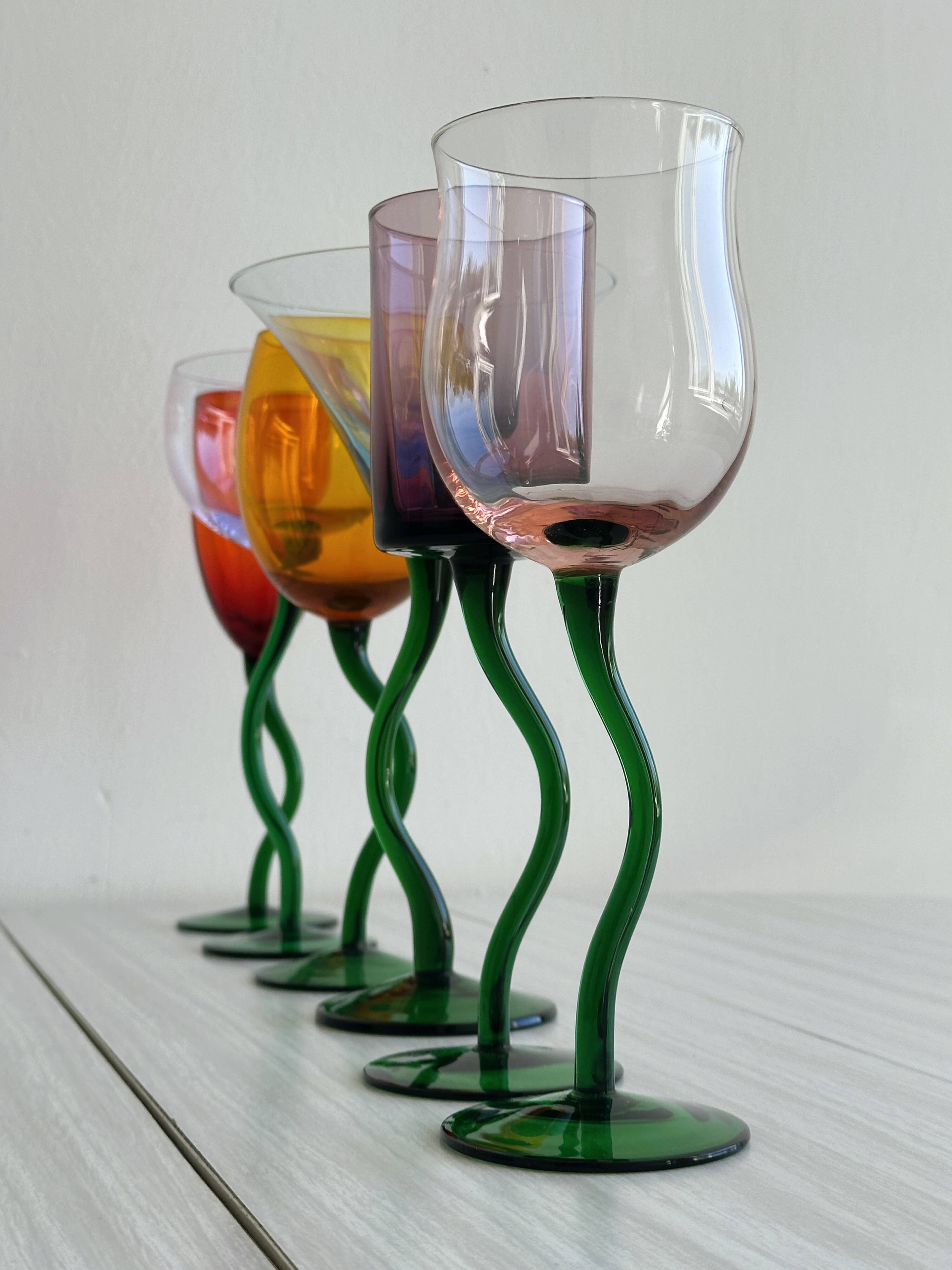 6 colored glasses with twisted feet