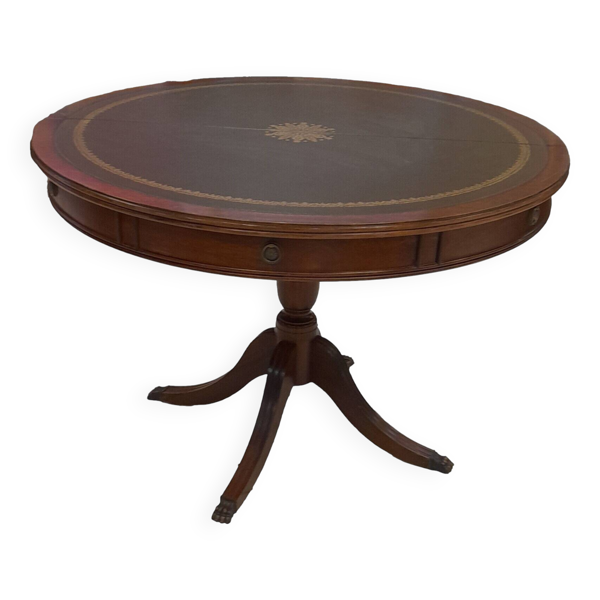 English style round table with green and gold leather top, quadripod with brass claws
