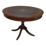 Table ronde style anglais dessus cuir vert et doré quadripode avec griffes  en laiton