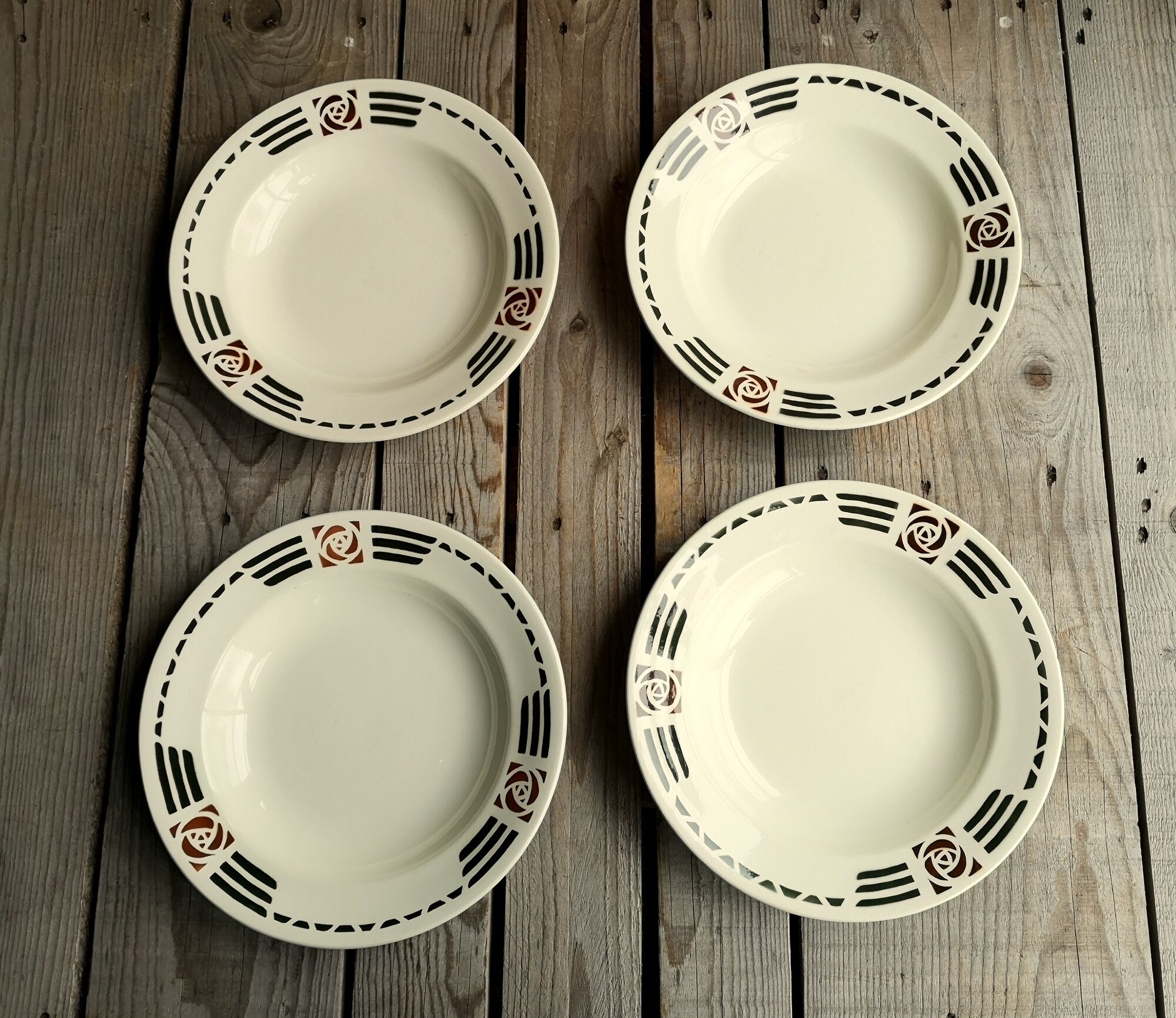 4 Soup Plates Faience from Salins Decor Green and Orange