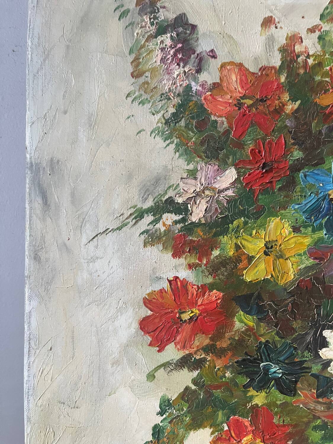 Bouquet of flowers in a blue vase, signed