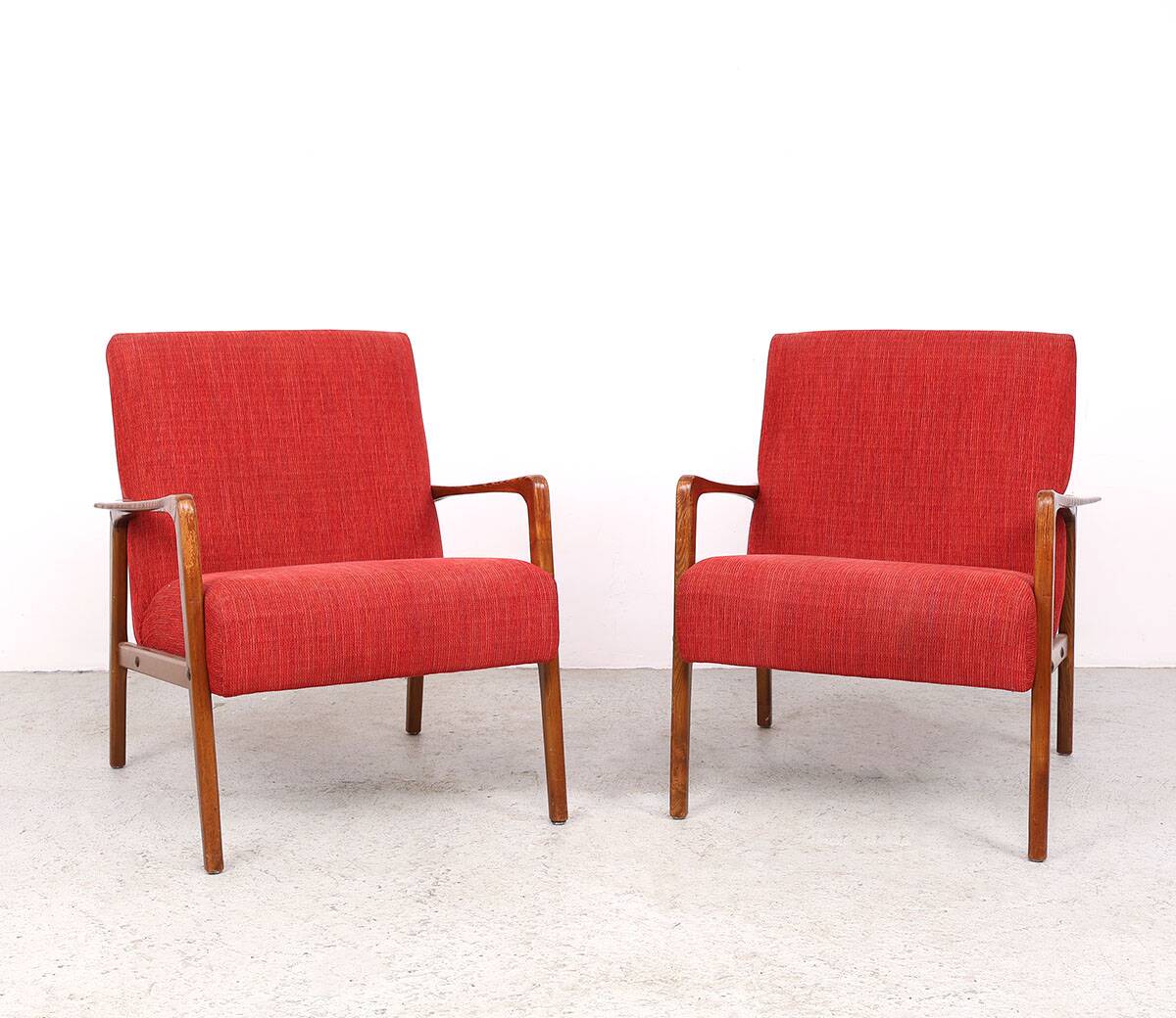 Danish vintage design wooden armchairs with coral fabric, 1950s
