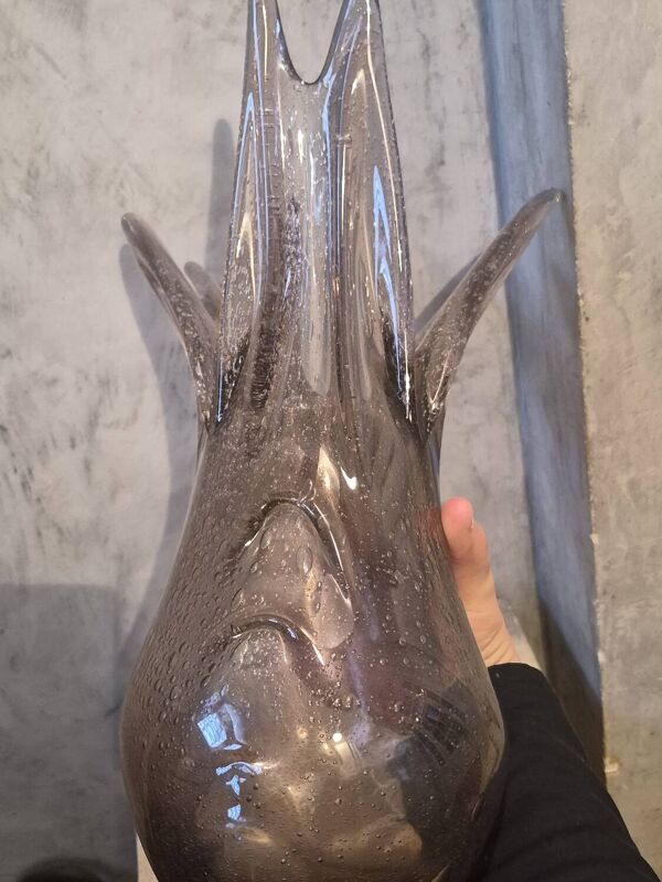 Vase vintage en verre soufflé bullé mauve
