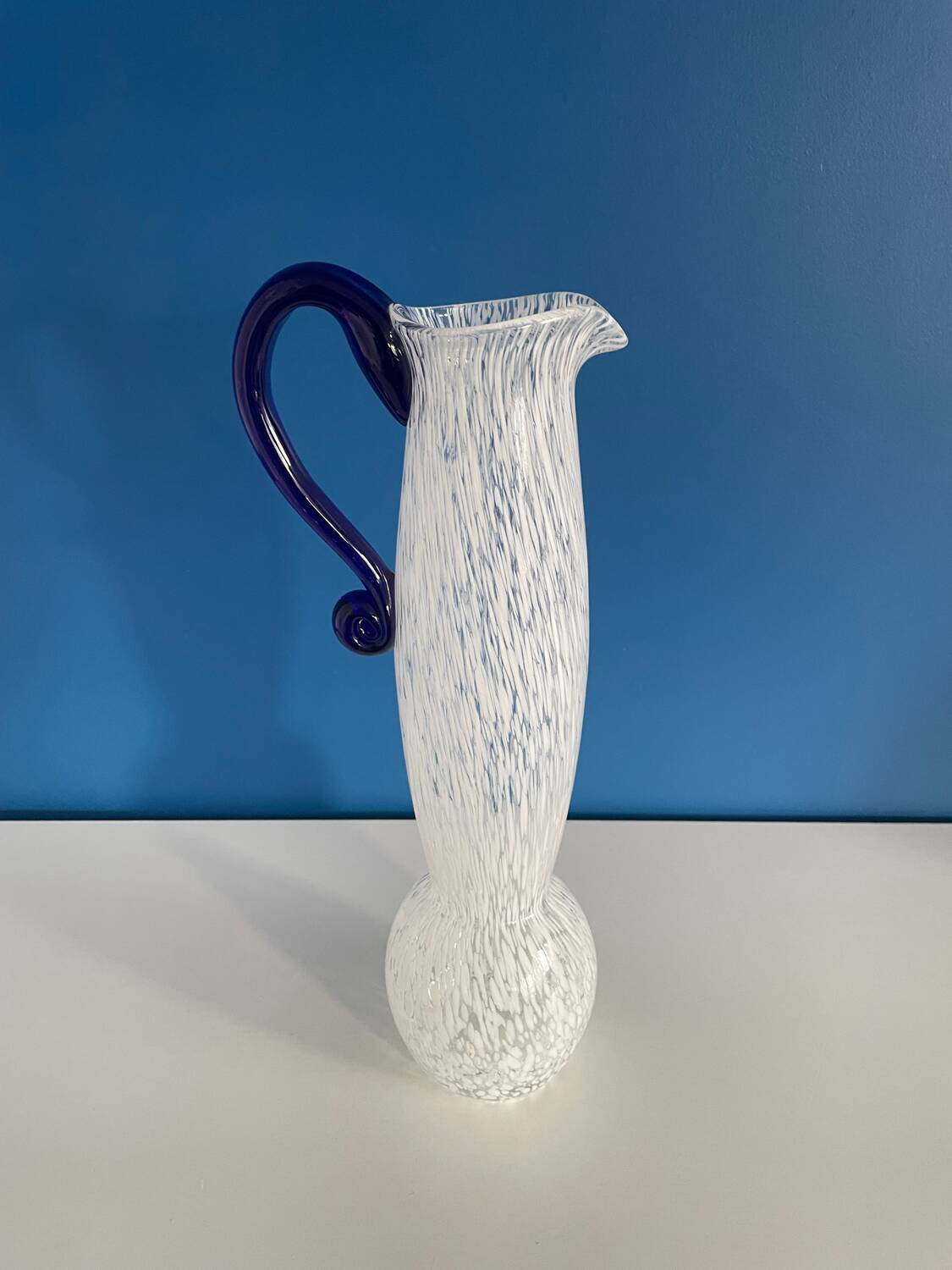 Decorative carafe or vase in blue and white Murano blown glass, chic style