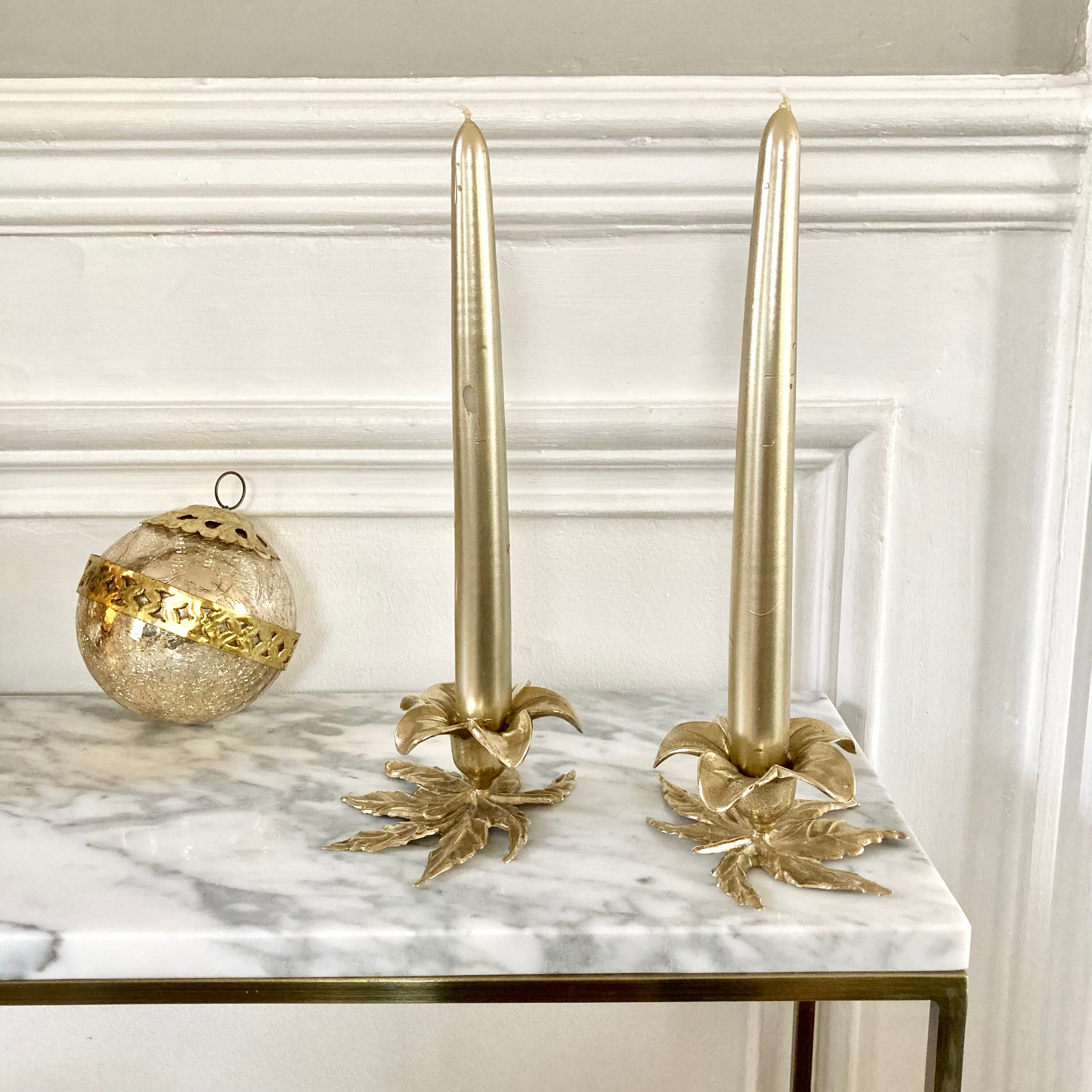 Pair brass flower candle holders