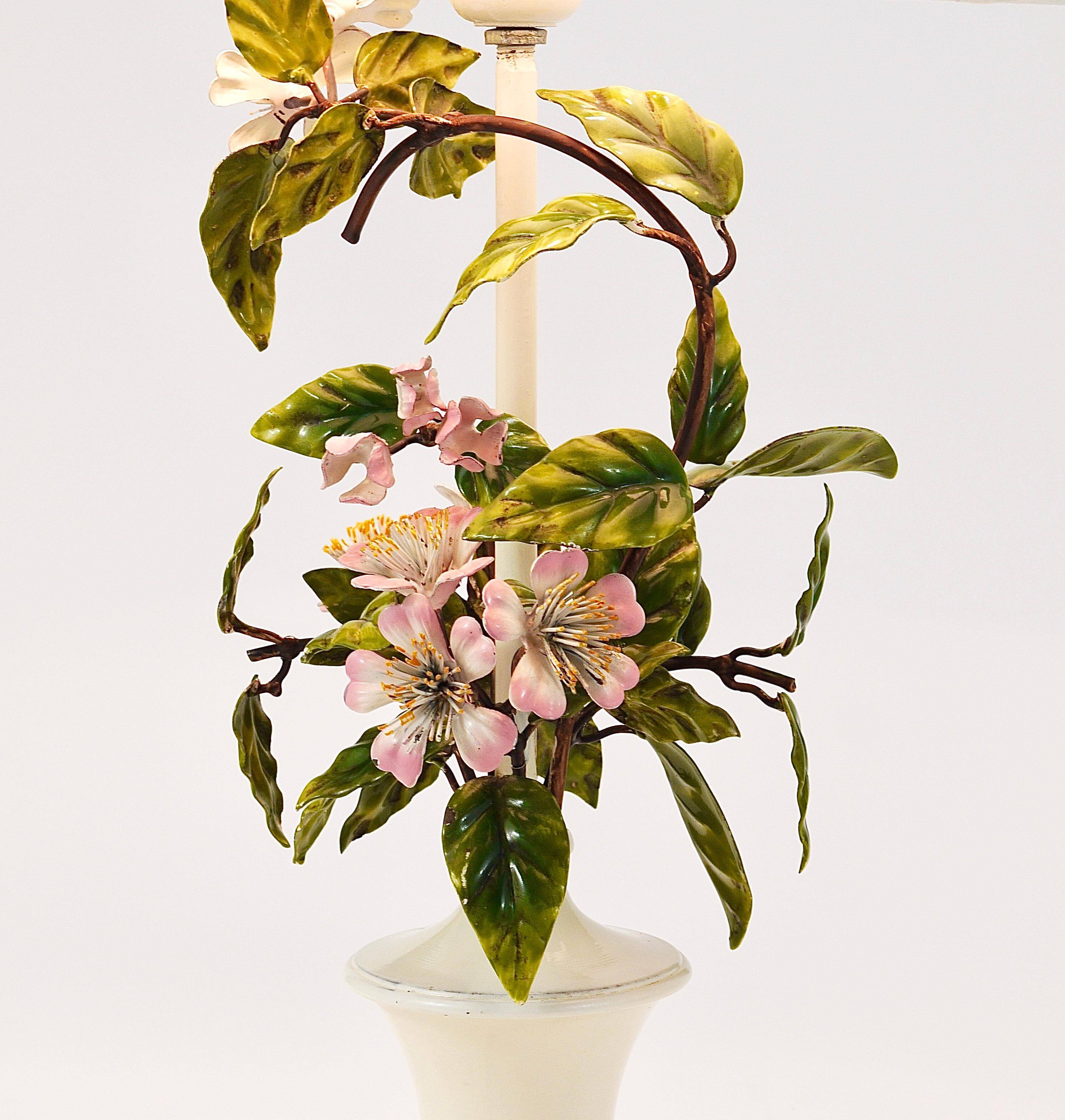 Hand-painted Toleware table lamp with wild apple blossom flowers, Salvadori, Italy, 1950s.